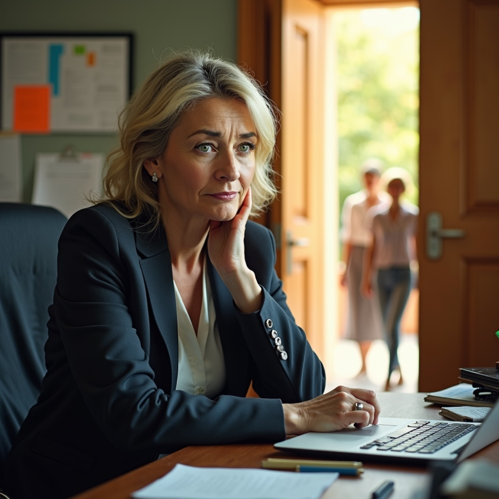 “A thoughtful professional sitting at her desk, pausing to reflect - symbolising a leader slowing down to realign with purpose.”